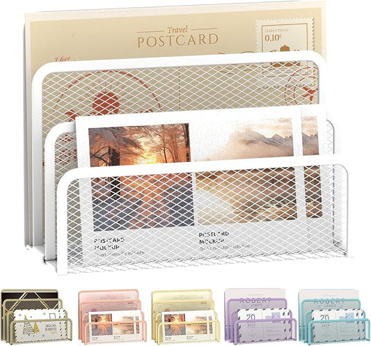 Mail Organizer Countertop for Desk, Mail File Holder with 3-Slot, White | Metal Mesh Mail Sorter for Letters, Envelopes, Bills, and Files for Home Offices, Classroom Organization