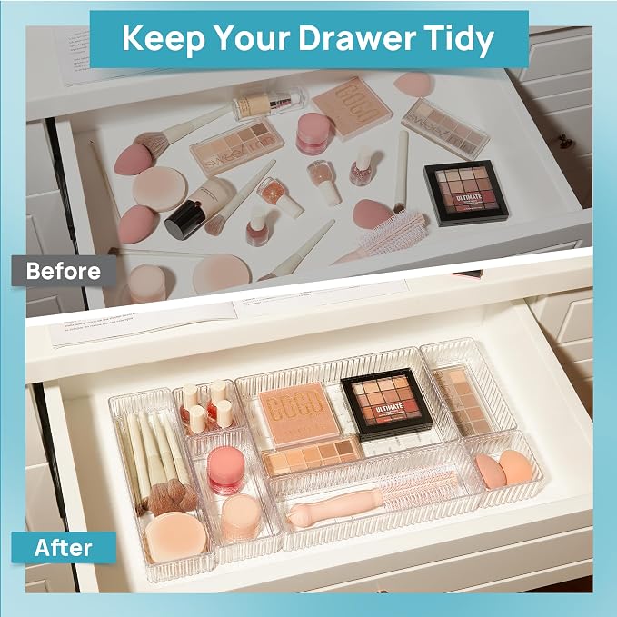 Vtopmart 7 PCS Clear Makeup Drawer Organizers Bins, 4-Size Stackable Makeup and Vanity Organizer Trays, Acrylic Bathroom Storage Containers for Cosmetic, Toiletries, Office Supply, Utensils, Gadgets