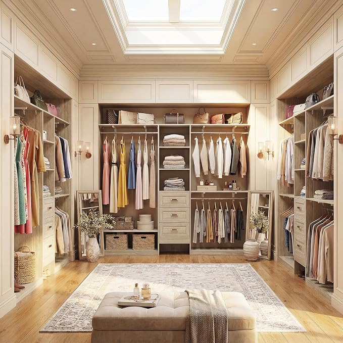 8FT Closet System with 3 Curved Drawers, 96'' Wooden Walk-in Closet Organizer with 3 Top Shelves, Adjustable Organizer System with 3 Hanging Rods, Built-in Wardrobe Storage Rack for 4-8 ft, White Oak