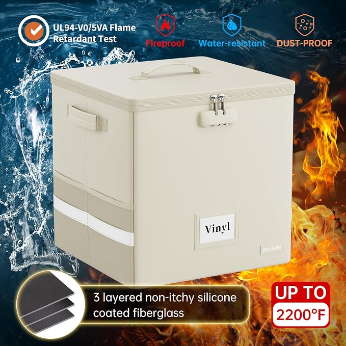 DocSafe Fireproof Vinyl Record Storage Box with Lock, Beige, 13"x13"x13" | Record Organizer for 100+ Single Records(12-inch),Collapsible,with Lid&Handles,Valuable Album Collection,Home&Travel Safe