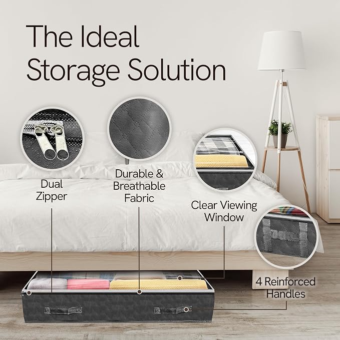 Reli. 90L Under Bed Storage with Clear Window, 8 Pack | Closet Storage Bins | Large underbed storage bags with clear window, gray, dual zippers, 90L, 39x20x7, flat storage bins with lids, handles