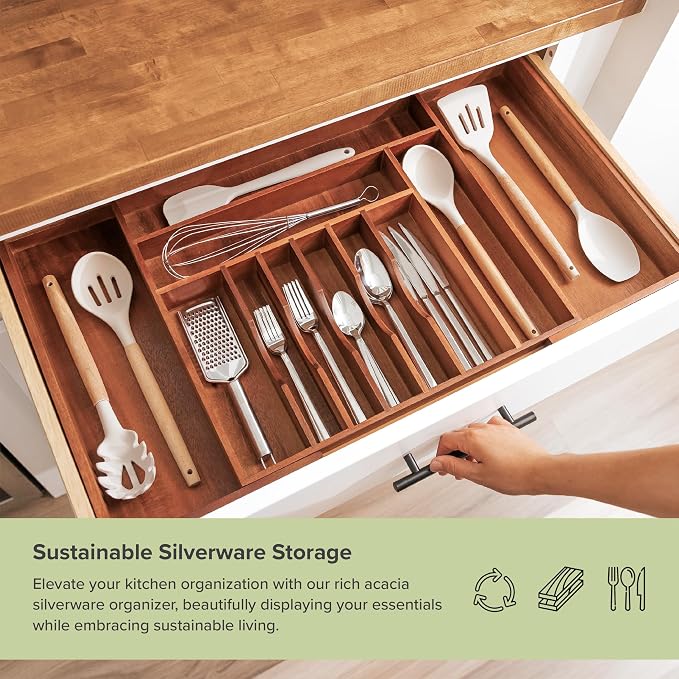 KitchenEdge Silverware & Utensil Drawer Organizer, 18-33 in, Acacia | Cutlery, flatware, food-safe contract grade, kitchen drawer fit