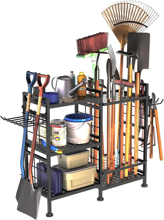 GIOTORENT 6 Tier Garden Tool Organizer, Garage Storage and Organization, Metal Yard Tools Storage Rack, Heavy Duty Garden Tool Organizer for Garage, Yard, Patio, Shed, Indoors and Outdoors, Black
