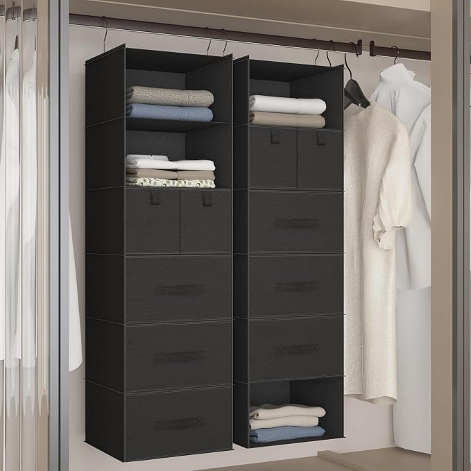 6-Shelf Hanging Closet Organizer with 5 Drawers, Non-Woven Storage, Black | Spacious compartments sort clothes & undergarments; foldable drawers add hidden storage for closets, wardrobes or RVs.