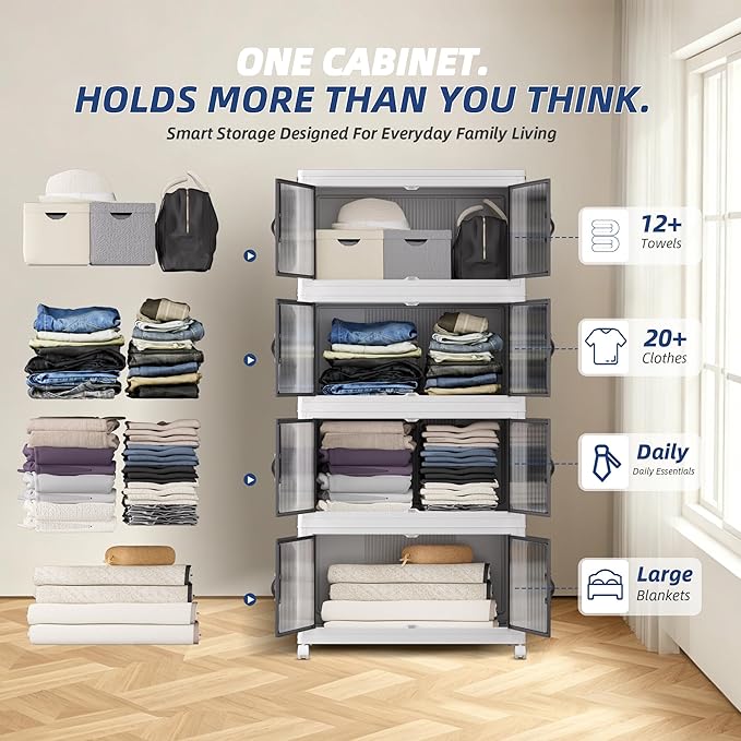 SAILUN 116Gal/464Qt Stackable Storage Bins Folding Collapsible Storage Bins with a Lid, Closet Organizers and Storage,White 26" W x 17" D x 56.7" H