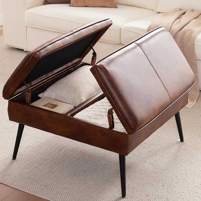 Square Ottoman with Storage Coffee Table Large Upholstered Brown | Mid-Century Modern Ottoman w/ Double Flip-Lid Metal Legs Padded Seat for Living Room Bedroom, Faux Leather, Loads 660 lbs