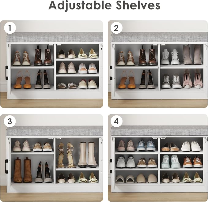 3-Tier Shoe Storage Bench with Adjustable Shelf, Large Capacity Entryway Shoe Bench with Thickened Padded Seat Cushion and 3 Doors for Entry, Bedroom, Hallway (White,42.5 * 14in)