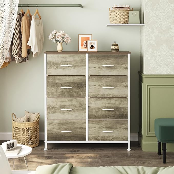 OLIXIS 8 Drawer Storage Dresser for Bedroom, Closet Organizers Units | Fabric Dresser with Wooden Top, Chest of Drawers Clothes Storage, Tower Cabinet, TV Stand Furniture, Oak Greige
