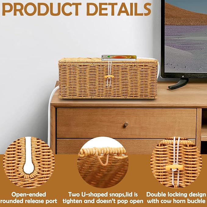 Cable Management Box, Handmade Rattan Cable Organizer Cord Basket | Open Slots Cords Hider Box Under Desk Cord Organizer for Computer Router USB Hub & Power Strip