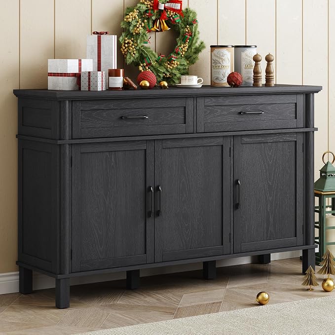 55 Inch Buffet Cabinet with Storage, Farmhouse Sideboard Buffet w/2 Drawers and 3 Doors, Wood Coffee Bar Cabinet with Adjustable Shelves, Sideboard Storage for Kitchen, Living Room, Black