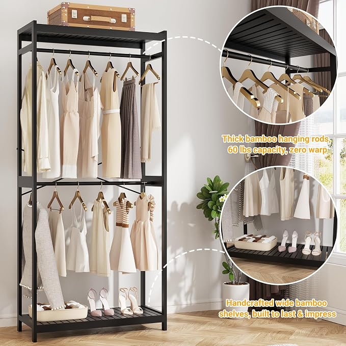 Bamboo Clothes Rack with Shelves and Double Hang Rods, Portable Closet System Garment Rack for Hanging Clothes, Tall Clothing Rack Corner Closet Organizer, Easy to Built, Freestanding, Black