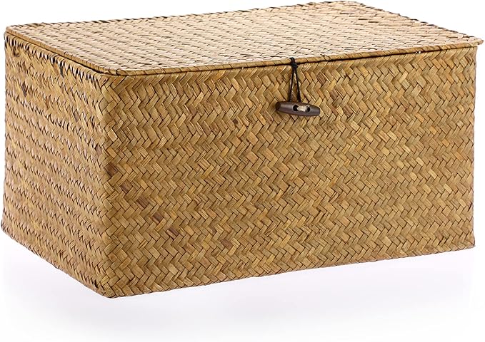 Hipiwe Wicker Shelf Baskets Bin with Lid Woven Seagrass Storage Box, Large | Decorative Basket Organizer Rectangular Household Basket Boxes for Shelf Wardrobe Home Decor, Caramel