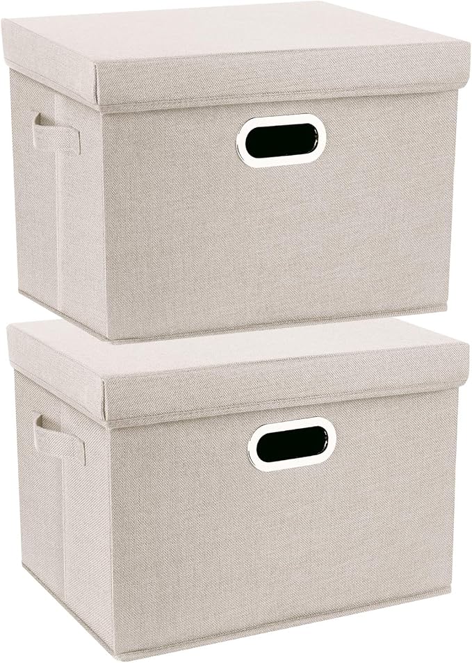 Collapsible Storage Bins With Lids, Large Fabric Storage Boxes - 2 Pack - Beige