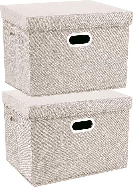Collapsible Storage Bins With Lids, Large Fabric Storage Boxes - 2 Pack - Beige
