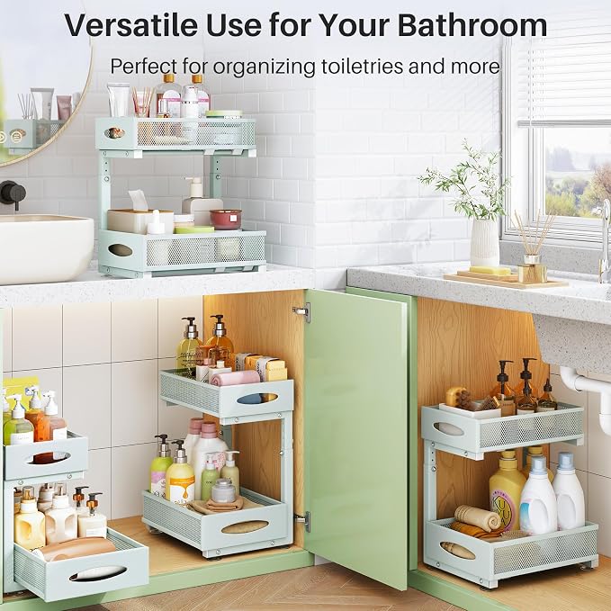 Under Sink Organizer, 2 Tier Pull out Cabinet Organizer Baskets with Mesh Sliding Drawers, Slide out Storage Shelf for Home, Kitchen, Bathroom, Pantry, Office Cabinet(1 Pack, Blue)