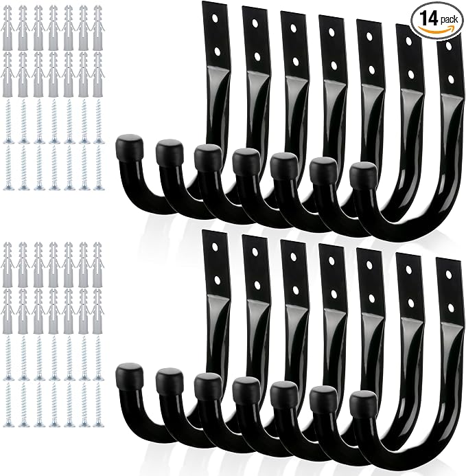 KURUI Large Metal Wall Hooks for Hanging Living Room/Bedroom/Garage, 14Pcs Garage Organization and Storage Hook for Tool Coat Backpack Bag, Black Wall Mount Hanges for Outdoor Indoor