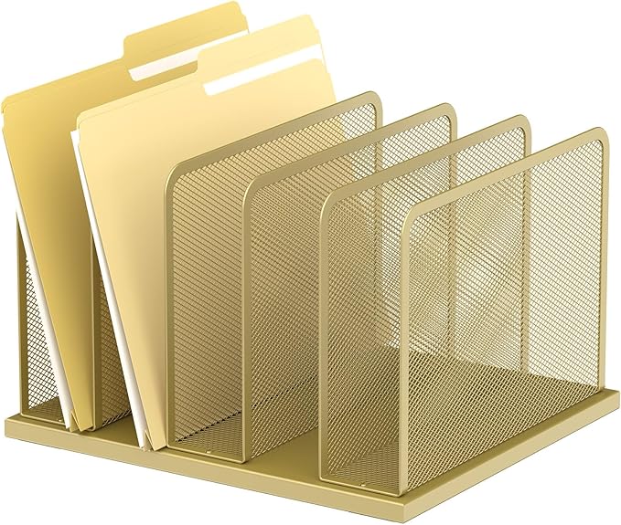 Kuntine.B 5-Section Upright Desk File Organizer Gold 1 Pack | Vertical, Mesh, Metal, Assembly, Stability, Sturdiness, Organization, Standing