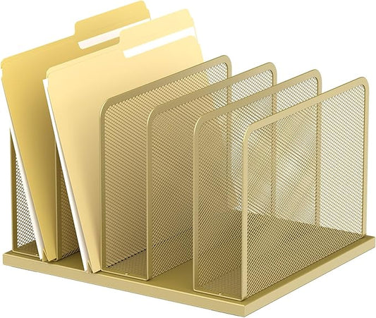 Kuntine.B 5-Section Upright Desk File Organizer Gold 1 Pack | Vertical, Mesh, Metal, Assembly, Stability, Sturdiness, Organization, Standing
