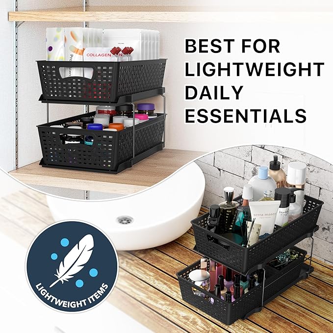 Simple Houseware 2 Tier Pull-Out Sliding Drawer Under Sink Storage, Black | Great for Kitchen Bathroom Tray Shelf Organizer