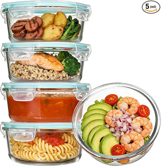 Vtopmart 5Pack 22oz Glass Storage Containers with Lids, Green, Round | Glass Meal Prep Food Container Sets, Snap Airtight Lid, For Microwave, Oven, Freezer and Dishwasher, BPA Free