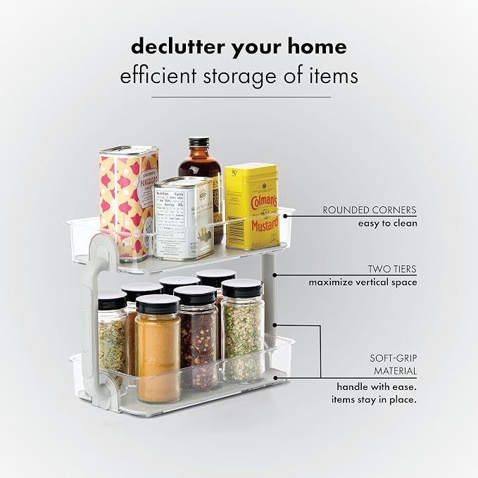 madesmart Two Level Spice Organizer, Grey | tiered layout, label visibility, soft grip lining, cabinet pantry use, seasoning bottles, woman owned