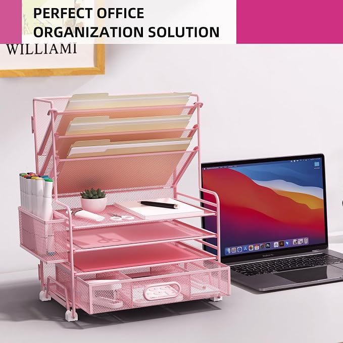 MINDEPOT 4-Tier Paper Organizer + 3-Pocket File Holder + Drawer + Pen Holders, Desktop File Organizers Paper Tray for Office Supplies School Classroom Organization (Pink, with Drawer & Pen Holder)