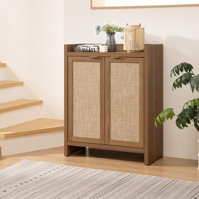 SICOTAS Shoe Cabinet, 24 Pair Shoe Storage Organizer Cabinet, Rattan Doors | 41" Tall Rattan Shoe Cabinet with Doors and Shelves, 6-Tier Farmhouse Boho Wooden Storage Cabinet for Entryway Hallway Closet