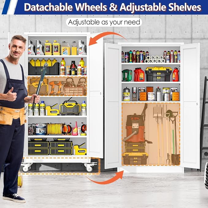 GAIOUS 73.6” Tall Metal Garage Storage Cabinet with Lock, Steel Tool Cabinet with 5 Adjustable Shelves, New Upgrade Lockable File Cabinet with Wheels, Organization for Home Office Garage Gym - White