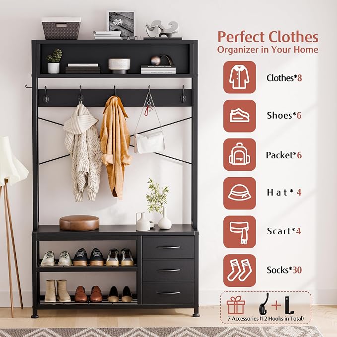 Hall Tree with Bench and 3 Drawers Storage, 31.5" Coat Rack Freestanding | Black, 6-in-1, Top Cubby, 12 Coat Hooks, Adjustable Shoe Rack, Sturdy Metal Frame, Entryway Organizer