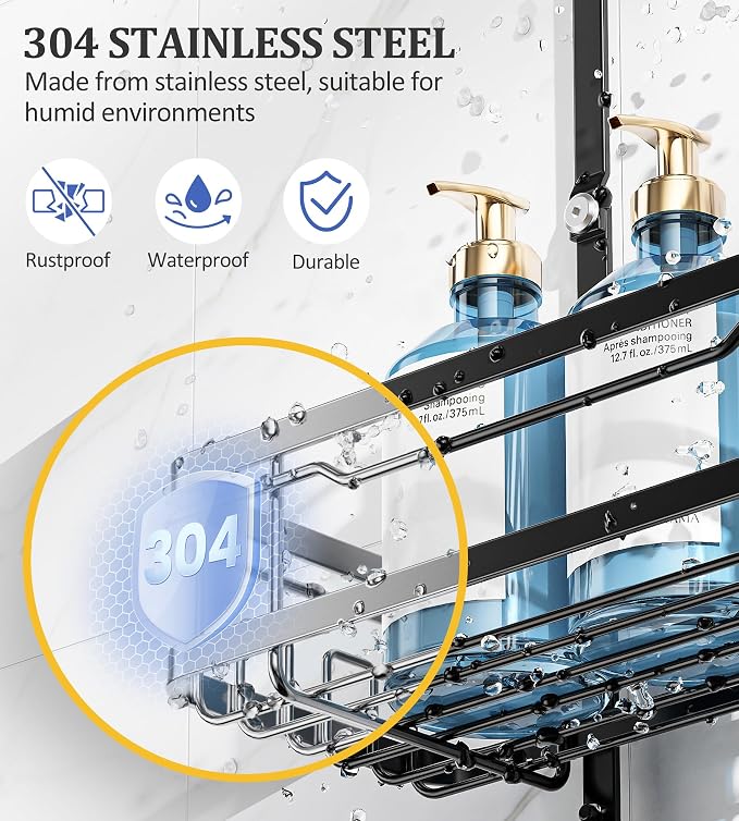 OMAIRA Shower Caddy Hanging Over the Shower Head - Rustproof Shower Organizer Hanging with Soap Scrub Holder, Non-Slip Stainless Steel Bathroom Storage Rack & Shelves, No Drilling, Black