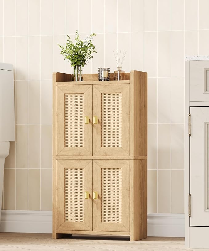Akxomel 15" Rattan Small Bathroom Cabinet 4 Doors Adjustable Shelf Oak | Bathroom Organizer and Storage, Toilet Paper Floor Cabinet for Small Space