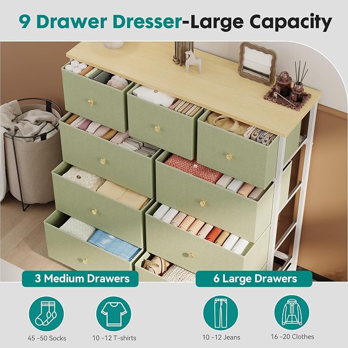 OLIXIS 9 Drawer Tall Dresser for Bedroom, Closet Organizers and Storage | Fabric Dresser with Wooden Top, Chest of Drawers for Clothes Storage, Tower Cabinet, Furniture, TV Stand, Light Green