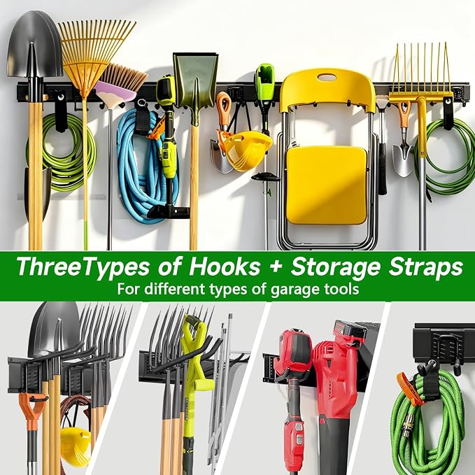 Garage Wall Organizer, 96 in Garden Tool Organizer with 12 Adjustable Hooks | 720 LBS Load, Wear & Tear Resistant, Soft Anti-Scratch Hook Sleeves, 3 Extra Storage Straps, For Garden Lawn & Shed Tools