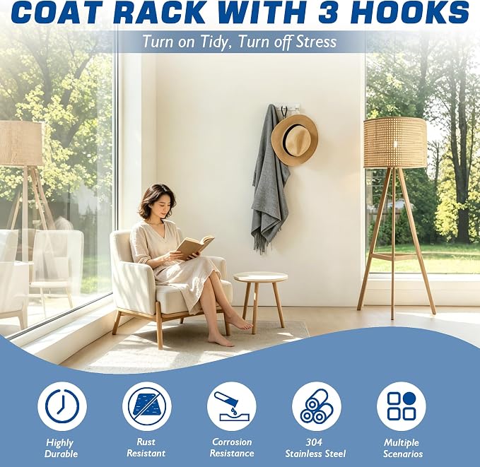 Alise White Coat Hooks Hat and Coat Rack with 3 Hooks Wall Mounted | Key Hooks for Robes,Bags,Keys,and Towels,SUS304 Stainless Steel Wall Hooks for Hanging,Self Adhesive or Drilling