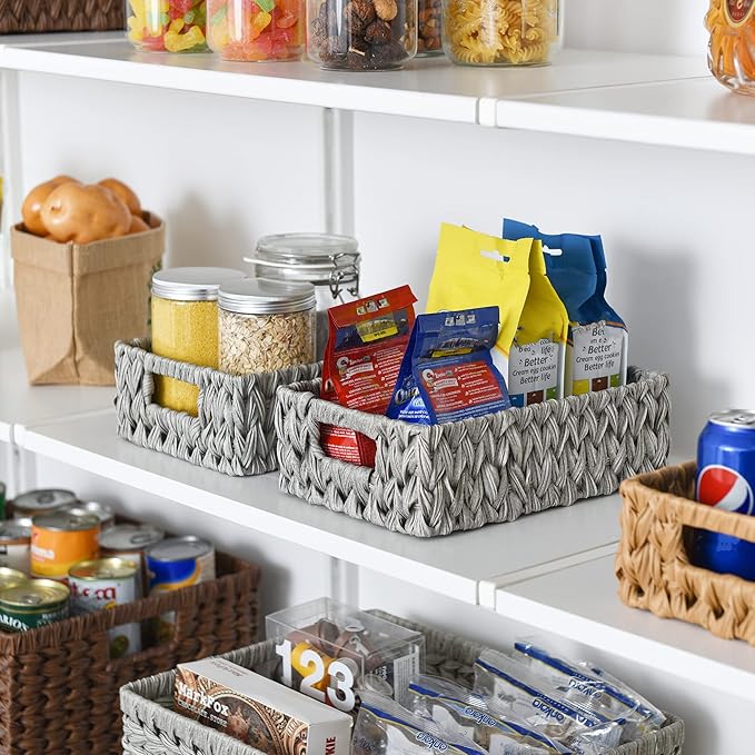GRANNY SAYS Wicker Baskets for Storage, Waterproof Storage Baskets, Odorless Wicker Basket with Handles, Decorative Storage Containers, Gray Basket for Pantry Storage, 2-Pack