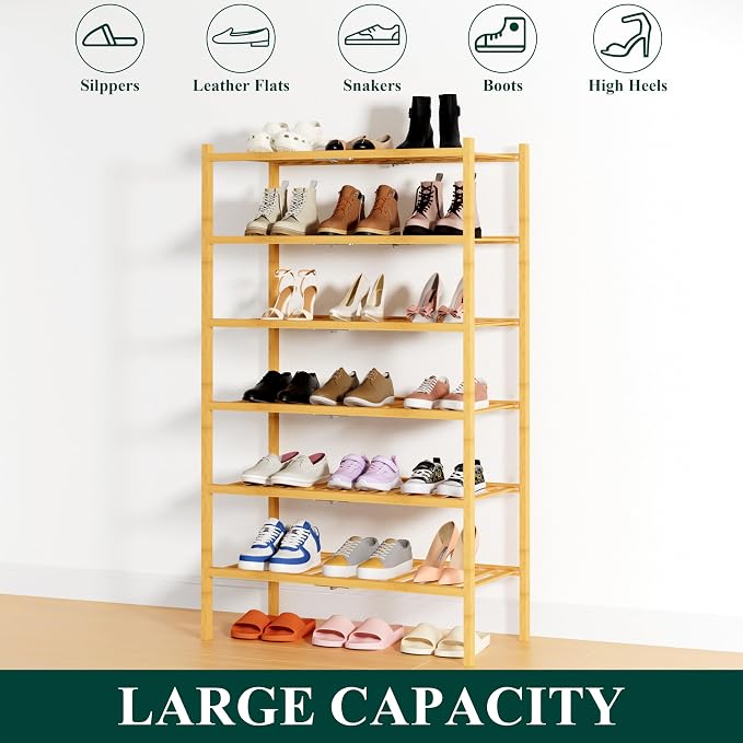 Smiry Bamboo Shoe Rack, 14 Vertical Slats, 6 Tier - 26.8" Wide, Natural | Stackable Free Standing Wooden Shoe Organizer, Wood Shoe Storage Shelf for Closet, Entryway, Thicher Leg