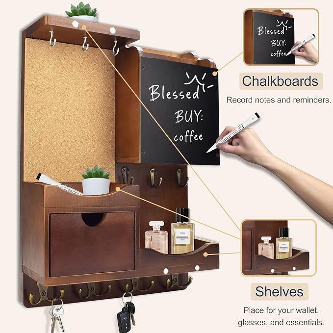 Key Holder Wall Mount， Mail Organizer Key Holder for Wall with Shelf, Drawer, Chalkboard, Corkboard, Home Decor Wall Mounted for Room Entryway(Vintage Brown)