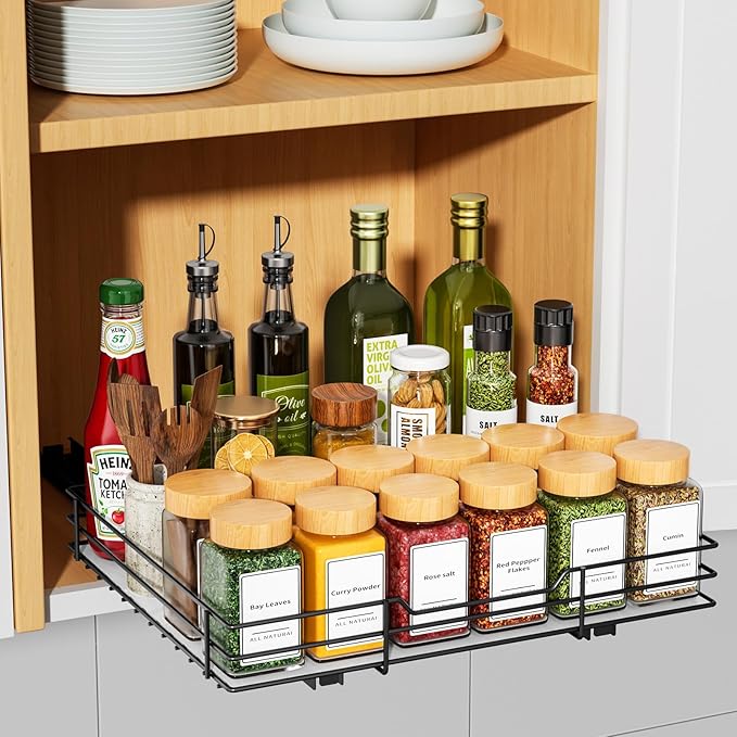 RCHYFEED Pull Out Spice Rack Organizer, 12.5" Wx10.5 Dx2.5 H | Slide Out Spice Rack for Inside Cabinets, Heavy Duty, Fits Kitchen and Pantry, For Seasoning, Sauces, Canned