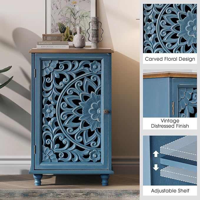 JOINICE Small Accent Cabinet with Hand-Carved Door for Living Room/Bedroom | Hand-Carved Floral Design, Farmhouse/Rustic Style, Space-Saving, Sofa Table, Solid Wood Legs, Adjustable Shelf, Easy Assembly
