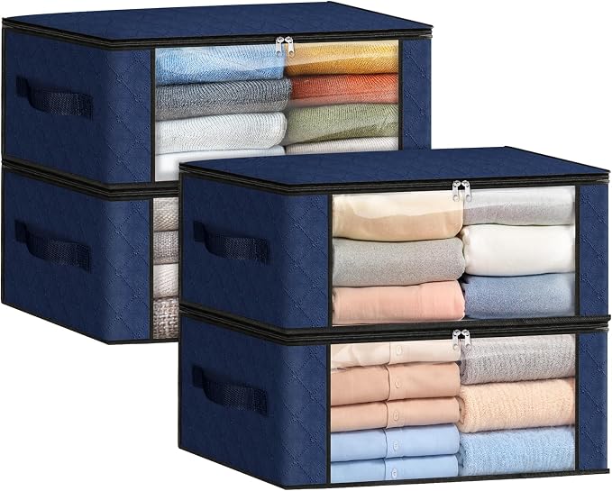 Fab totes 35L Closet Organizers and Storage, Foldable Under Bed Storage Containers, Storage bags for Organizing Bedroom, Closet, Clothing,Organization with Handle (4 Pack,Blue)