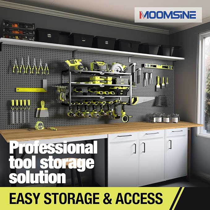 MOOMSINE 4 Layer Power Tool Organizer Wall Mount, Battery Tools Holder with Charging Station Shelf, Cordless Drill Hanger Storage Rack for Garage Organization, Workshop, Pegboard - 32 Inch 8 Slots