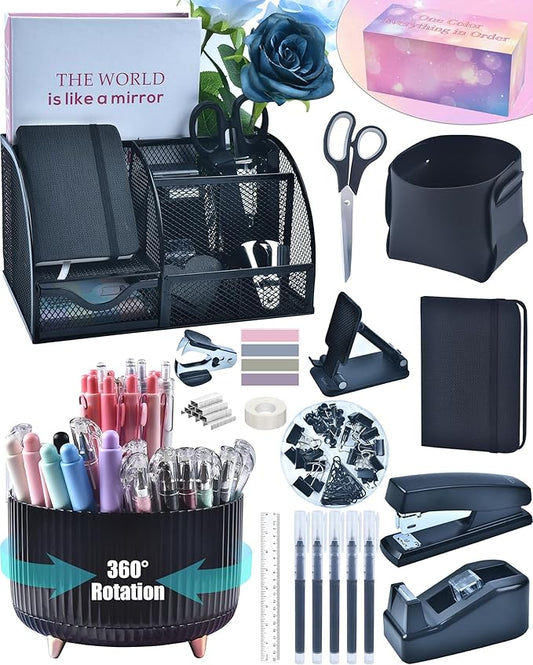 LXEVIHK 20Pcs Black Desk Organizers and Accessories With Mesh Desk Organizer and 360°Rotating Pen Holder and a Lot of Office Black Office Supplies Beautifully Presented in a Gift Box