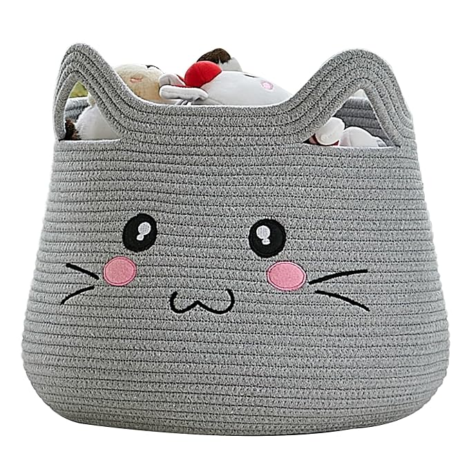 VK VK·LIVING Cat Storage Basket - Large Woven Cotton Rope Toy & Laundry Organizer with Handles for Nursery, Bedroom, Living Room, Holds Blankets, Clothes, Toys (15”D x 14”H)