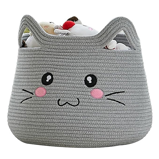 VK VK·LIVING Cat Storage Basket - Large Woven Cotton Rope Toy & Laundry Organizer with Handles for Nursery, Bedroom, Living Room, Holds Blankets, Clothes, Toys (15”D x 14”H)