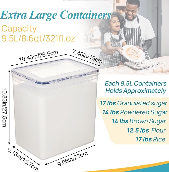 Vtopmart 9.5L Flour Sugar Storage Containers, 2 Pack, Each Fits 12.5 lb | Each for 12.5 lb Flour, Airtight Seal, Multiple Sizes, BPA Free, Food Grade Material, Dishwasher Safe (Not Lids)