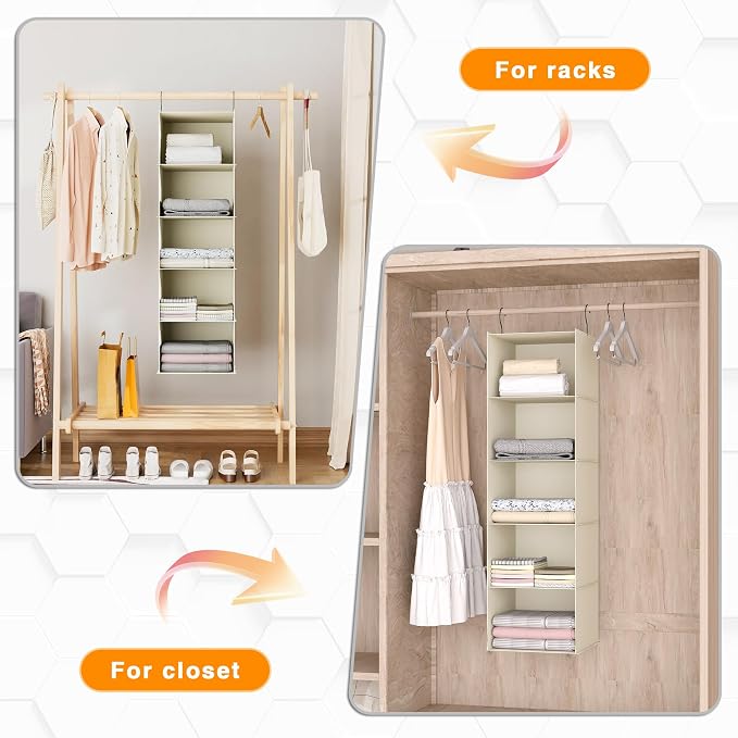 Hanging Closet Organizer 5-Shelf, Oxford Fabric Wardrobe Storage, Beige | Easy-mount foldable design holds clothes, handbags, shoes & accessories; washable Oxford fabric, sturdy and space-saving.