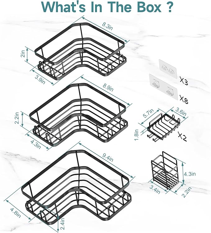 Veken Large Capacity Corner Shower Caddy 6-Pack, Advanced Rustproof Design | No Drilling Adhesive Shelves, High-Load Rack with Soap Dishes & Toothbrush holder, Bathroom Organizers and Storage, Black