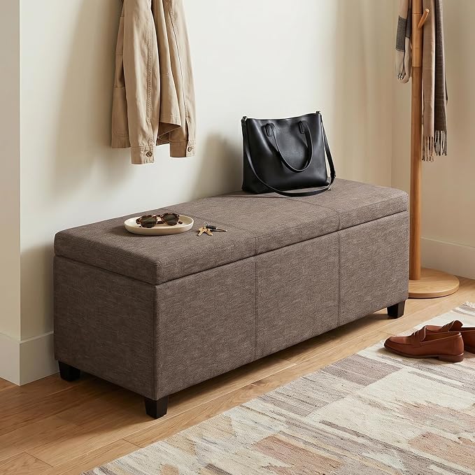 SIMPLIHOME Avalon Storage Ottoman Bench - 48" Wide x 16" High Upholstered Linen Look Fabric Rectangular Lift-Top Ottoman in Fawn Brown, Contemporary Bench for Living Room with High-Density Foam