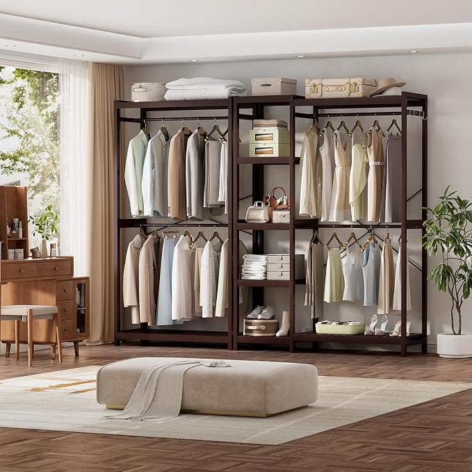 Bamboo Clothes Rack with Shelves and Double Hang Rods, Portable Closet System Garment Rack for Hanging Clothes, Tall Clothing Rack Corner Closet Organizer, Easy to Built, Espresso