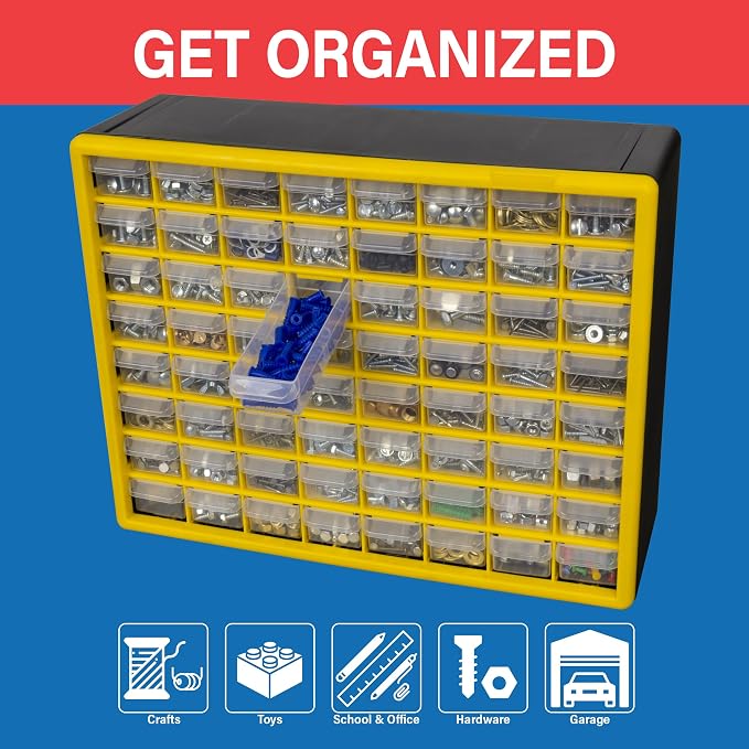 Akro-Mils 64-Drawer Plastic Storage Cabinet, 20"W x 6"D x 16"H, Yellow | Plastic Cabinet w/ Drawers for Garage Organization, Beads, Building Bricks Storage, Teacher Toolbox, Makeup Organizer, 10164